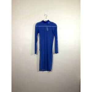 Womens Sheer Mesh Midi Dress M Blue Side Slit Mock Neck Club Rave Party Brat